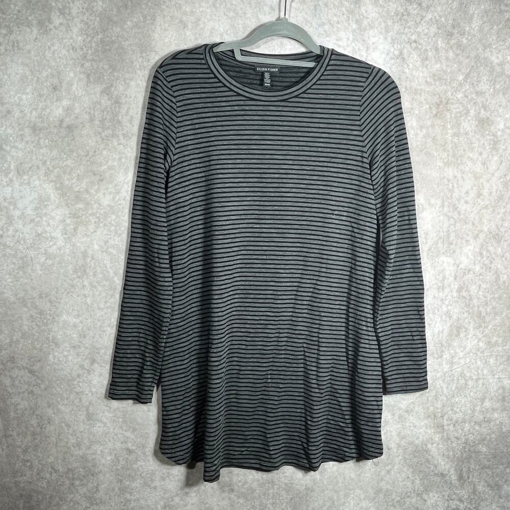 Eileen Fisher Shirt Womens XS Gray Striped Long Sleeve Stretch Crew Neck‎ Casual